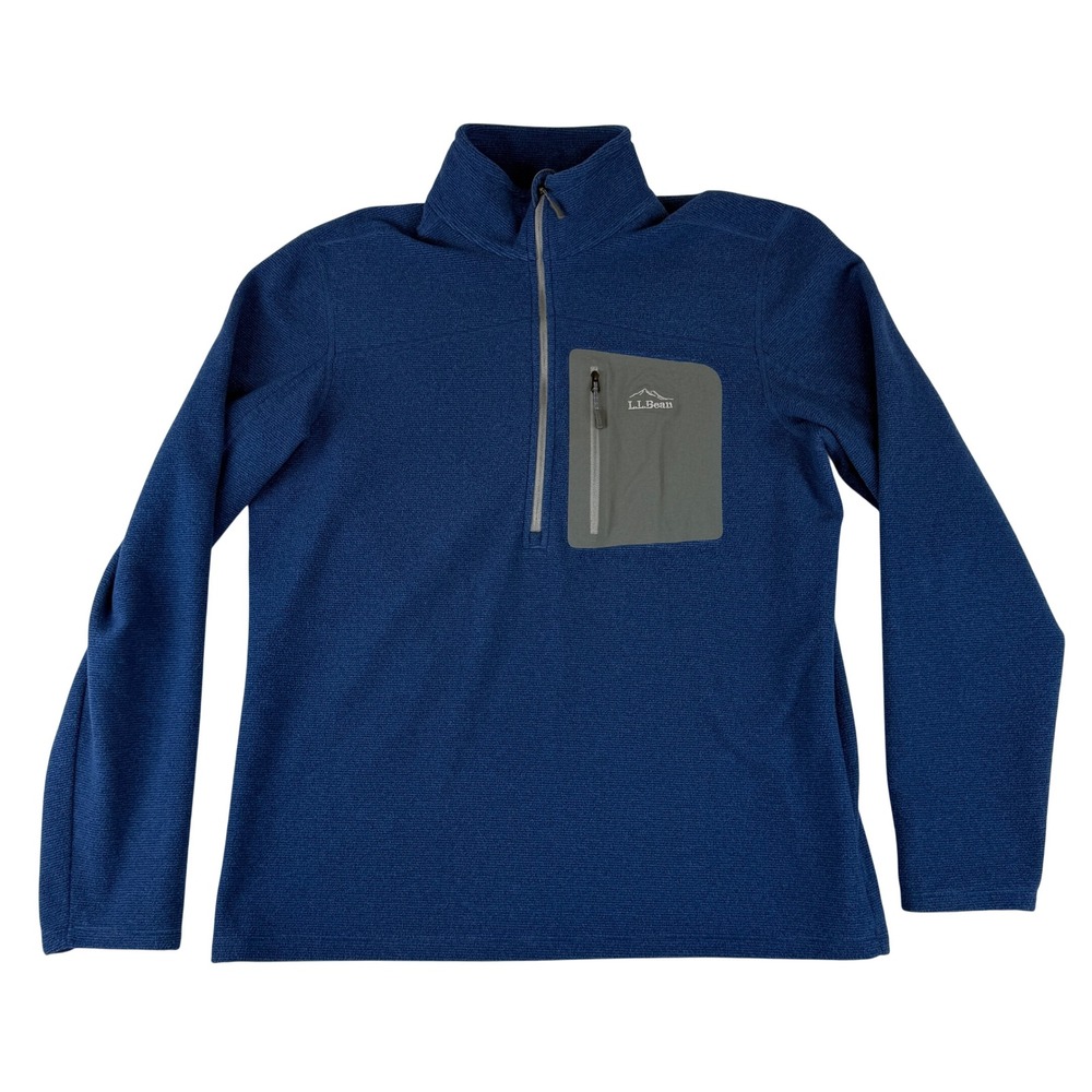 L.L.Bean 1/4 Zip Fleece Pullover Mens Medium Blue Textured Grid Chest Pocket